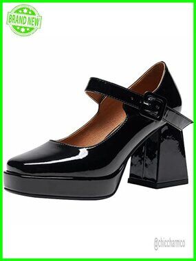 Women Platform Chunky Block Heels, Mary Jane Pumps, Square Toe, PU Patent